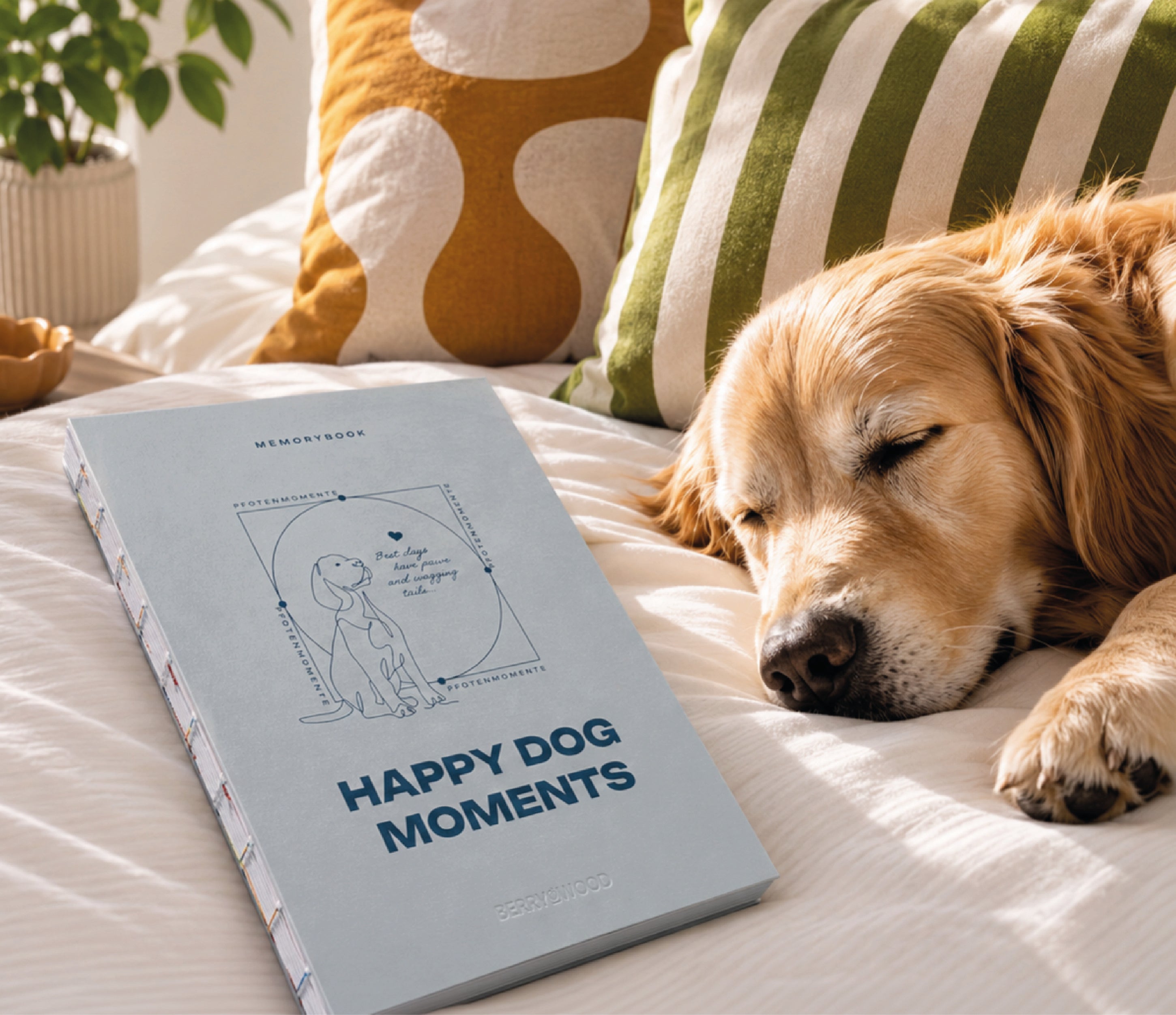 Happy Dog Moments Hundetagebuch A5 in Hellblau – Memorybook für Pfotenmomente auf dem Bett neben schlafendem Golden Retriever
