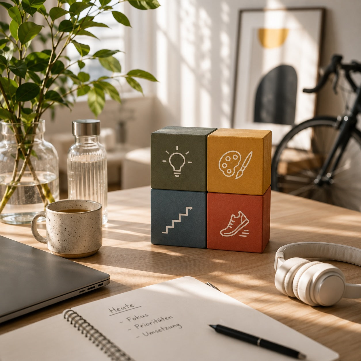 Leave a Little Trail Bullet Journal zum Fokussieren eigener Themen – vier Themenwürfel für Ideen, Kreativität, Karriere und Sport auf einem sonnigen Schreibtisch