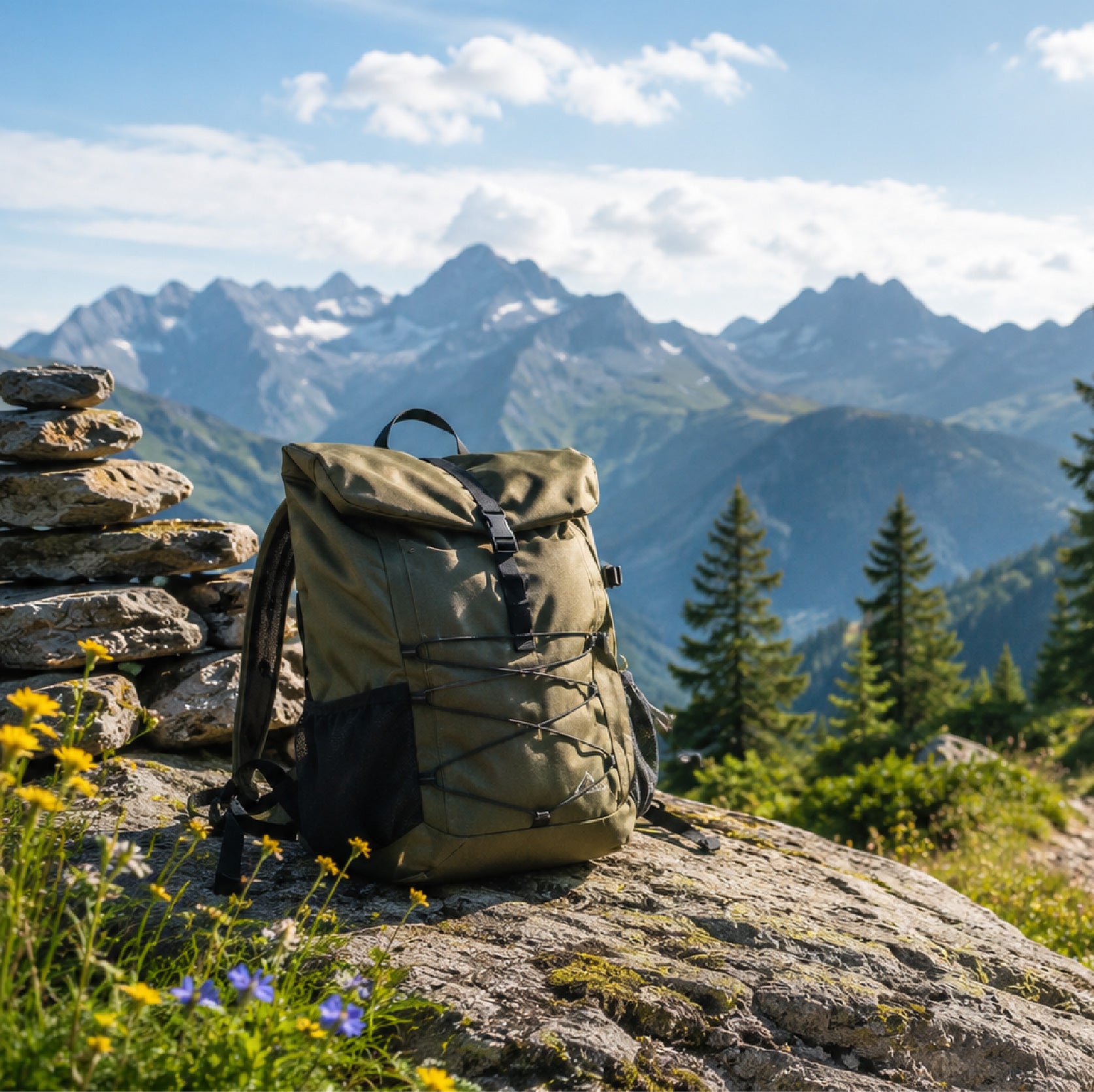 Leave a Little Trail Bullet Journal für Wandern und Outdoor – Rucksack auf einem Felsen vor Bergpanorama mit Steinmännchen