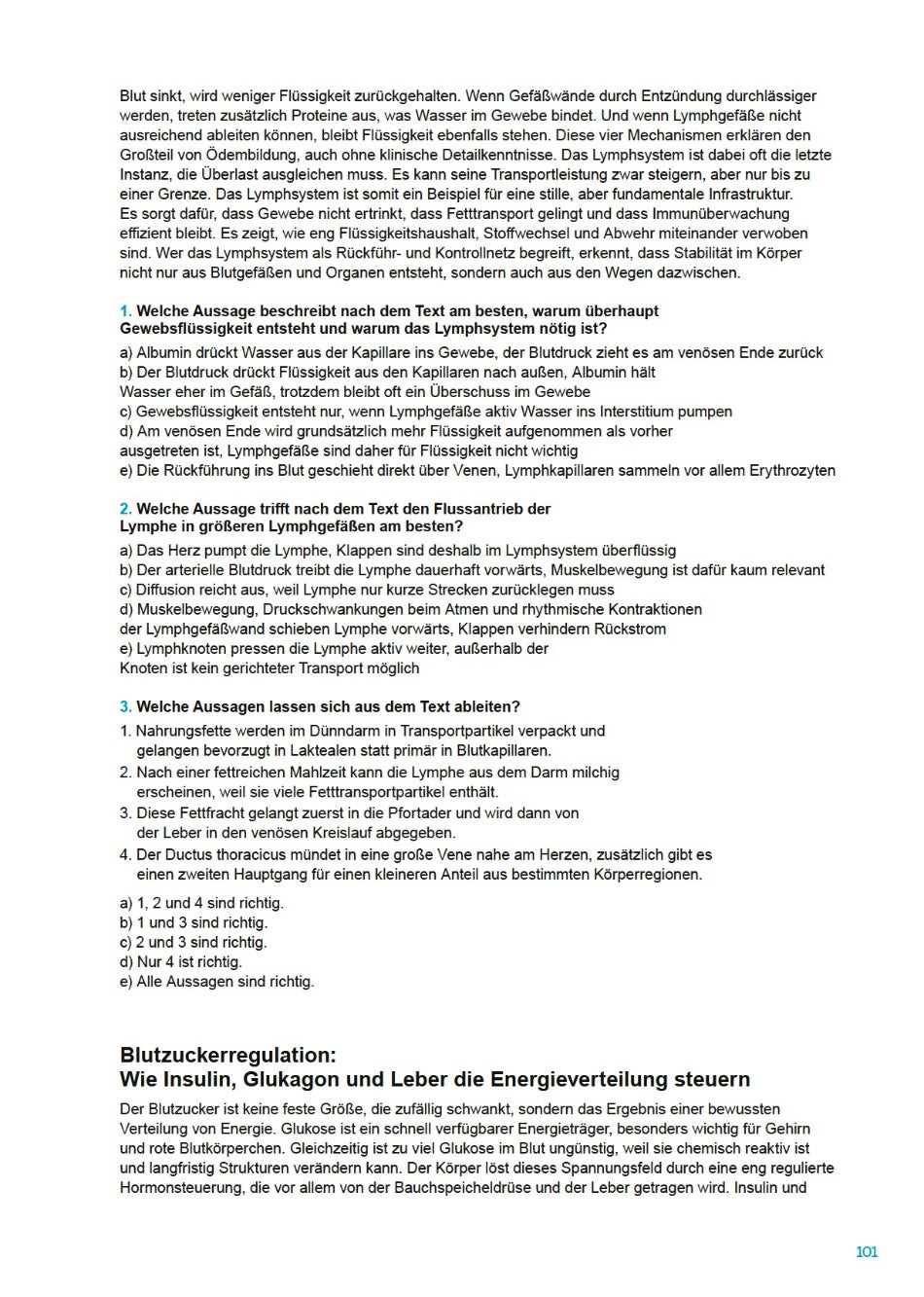 MedAT Kompass Band 4 Generalprobe – Leseprobe Textverständnis mit Fragen zum Lymphsystem und Beginn Blutzuckerregulation