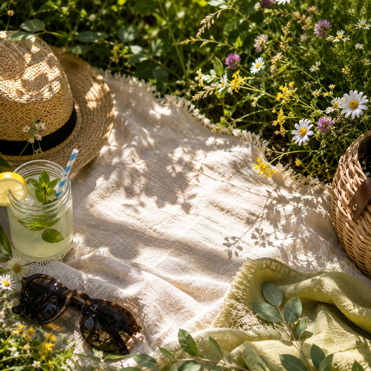 Postcards to Myself Journal zur Selbstreflexion – Picknickdecke auf einer Sommerwiese mit Strohhut, Limonade und Wildblumen