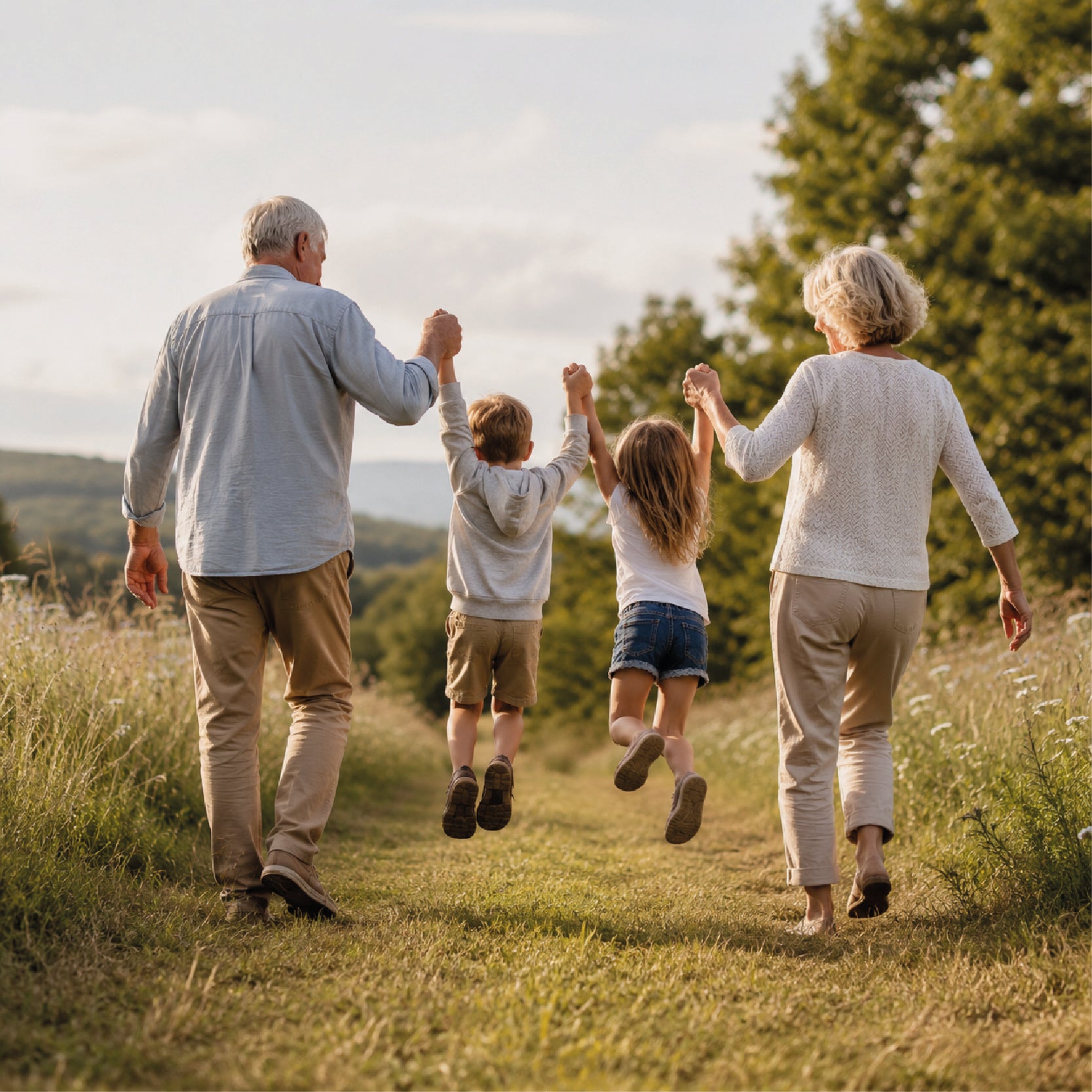 Little Big Moments als Erinnerungsbuch für Großeltern – Oma und Opa mit Enkelkindern Hand in Hand auf einem Feldweg