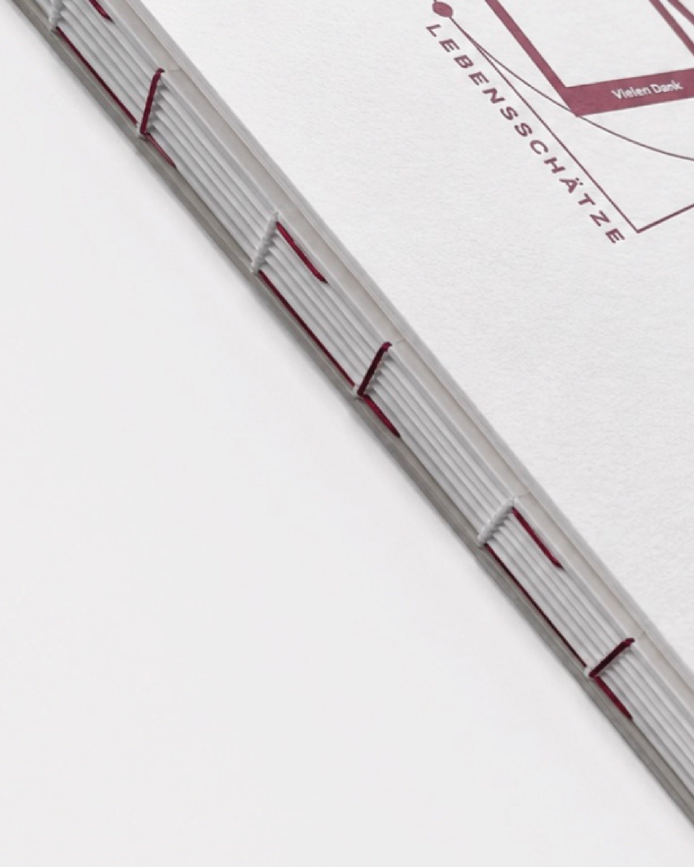 Rote Fadenheftung am offenen Buchrücken eines Berrywood Journals – Nahaufnahme der sichtbaren Naht