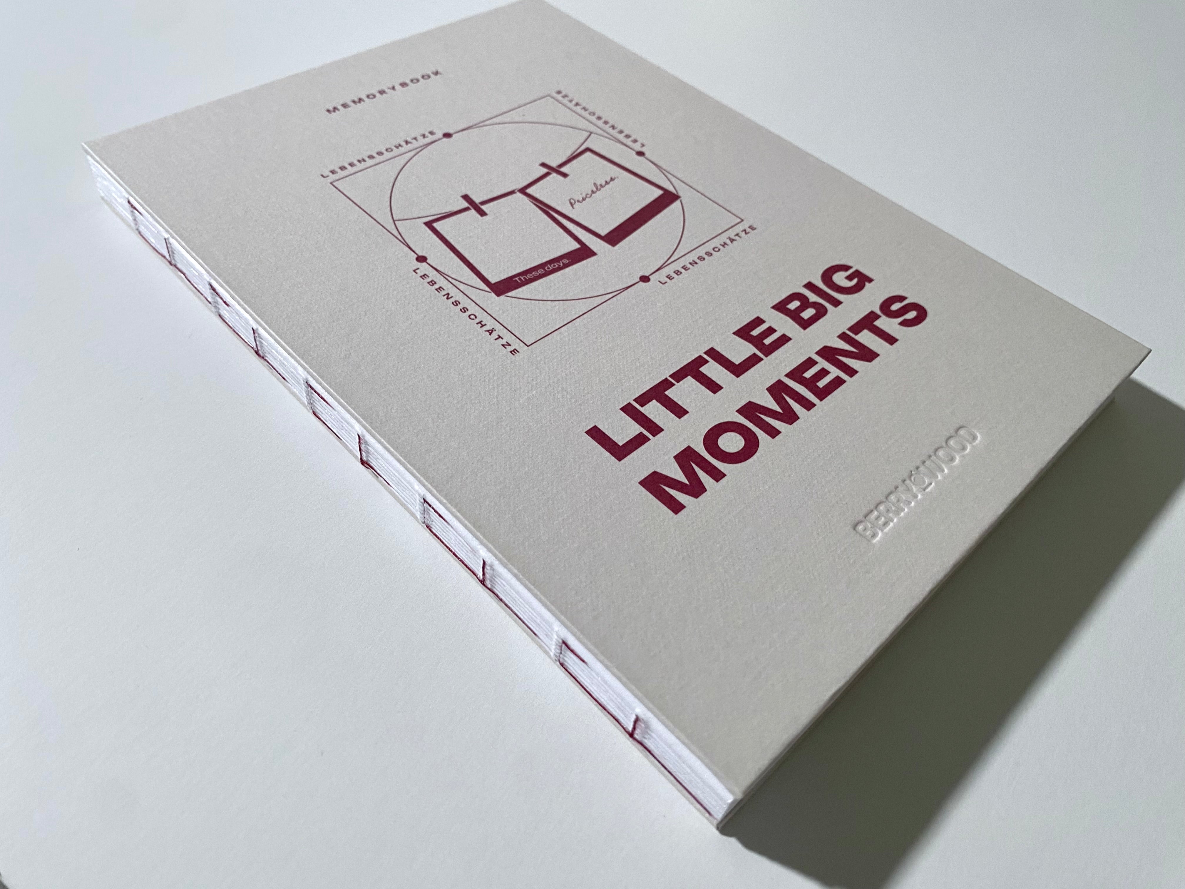 Coverfarbe der Corporate-Edition: Berrywood Little Big Moments Journal A5 in Creme mit burgunderroter Fadenheftung, individuell nach Markenfarbe und CI