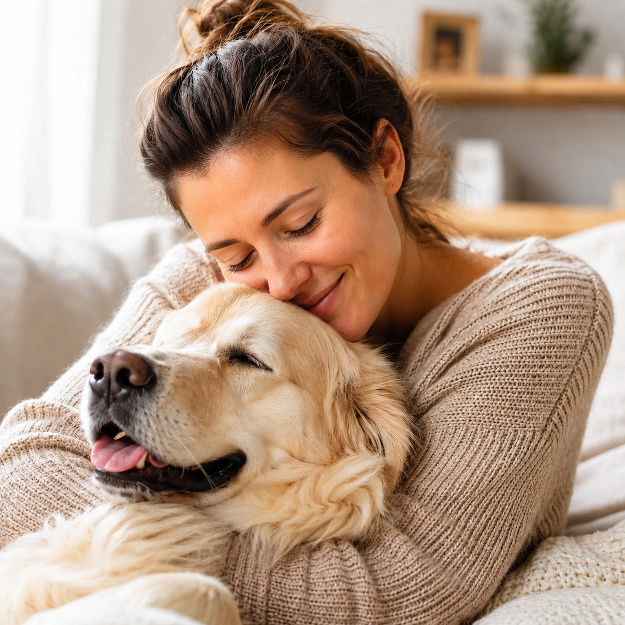 Happy Dog Moments Hundetagebuch als Geschenk für Hundemenschen – Frau umarmt ihren Golden Retriever auf dem Sofa