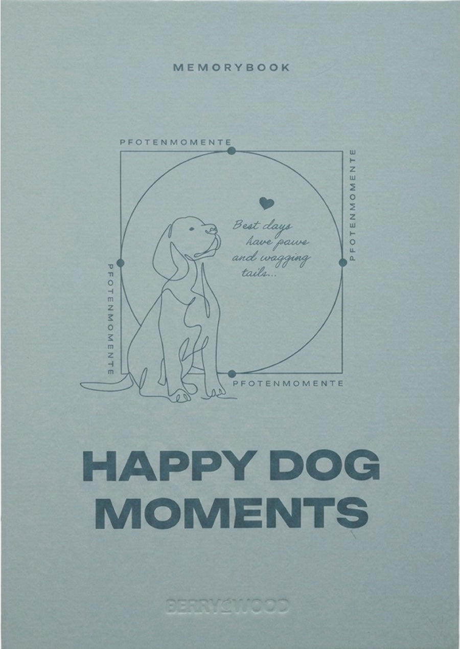Happy Dog Moments Hundetagebuch – Cover in Hellblau mit Prägung von Berrywood