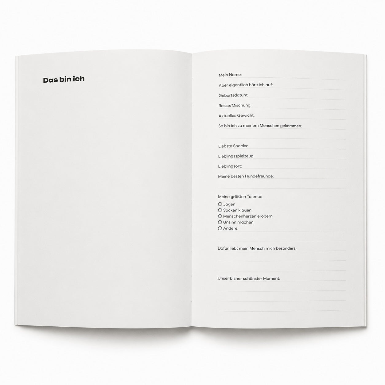 Happy Dog Moments Hundetagebuch A5 Innenleben – Steckbrief-Seite Das bin ich mit Feldern für Name, Rasse und Talente