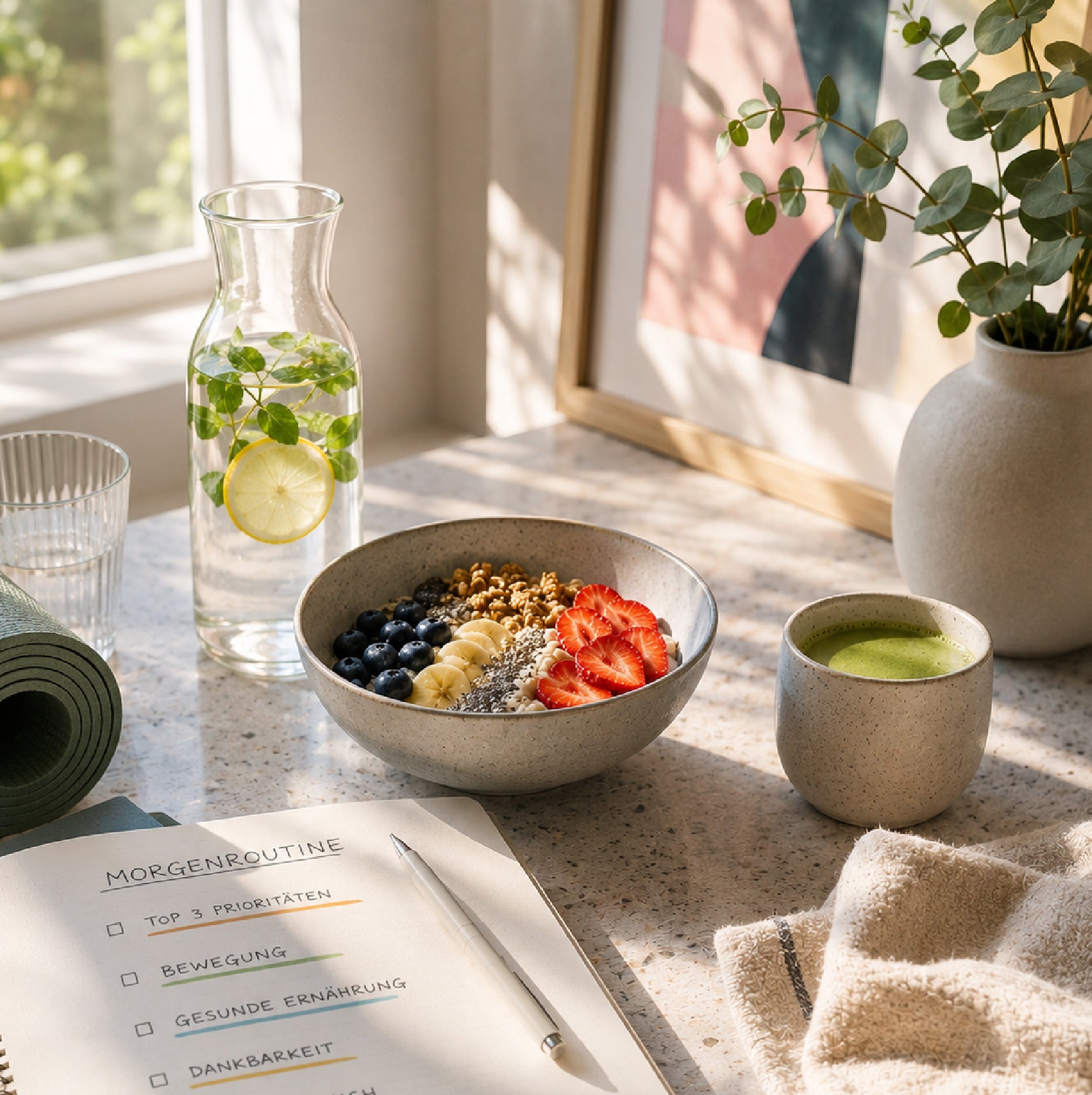 Leave a Little Trail Bullet Journal als Morgenjournal – Morgenroutine-Checkliste mit Prioritäten neben Frühstücksbowl und Matcha
