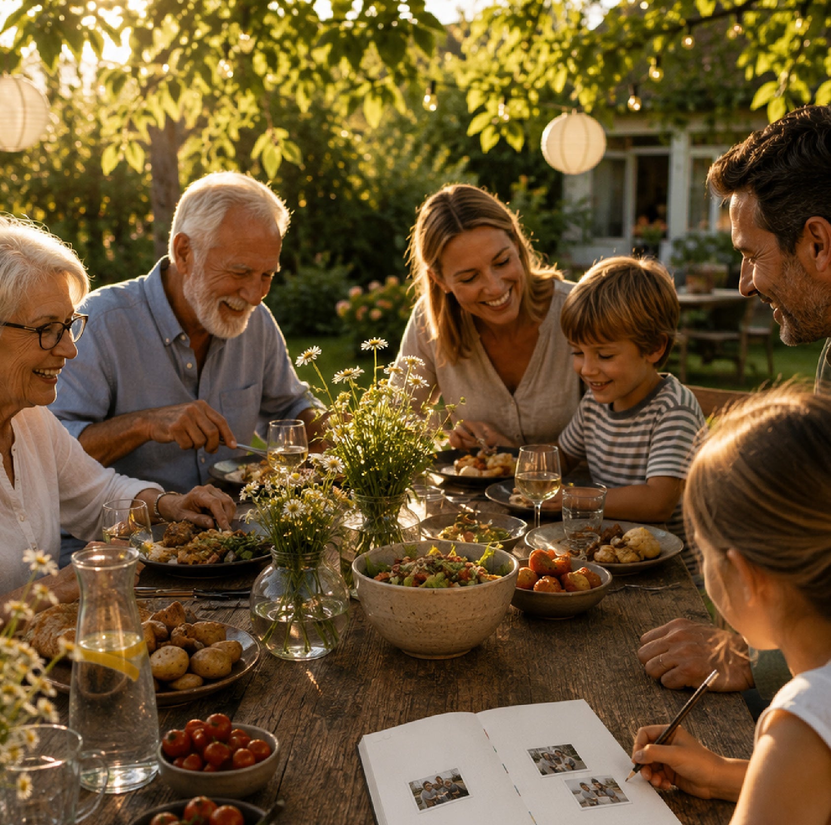 Little Big Moments Memorybook für die Familie – drei Generationen beim Abendessen im Garten, ein Kind schreibt ins Erinnerungsbuch