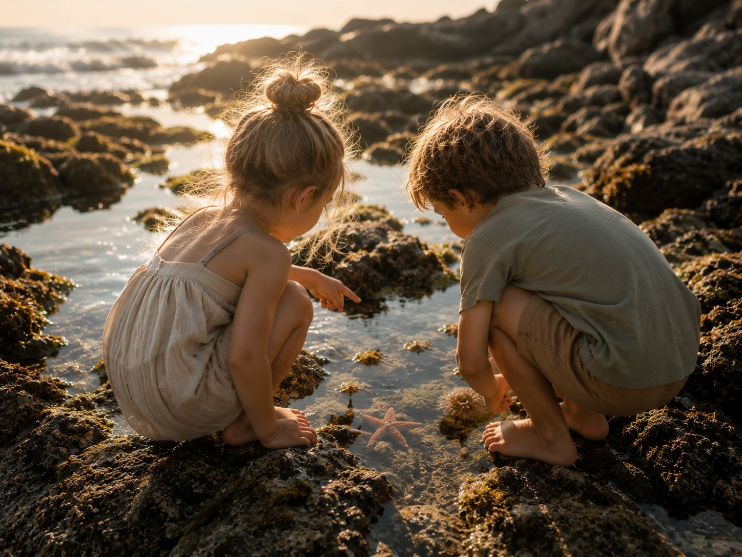 Little Big Moments Memorybook für Kindermomente – zwei Kinder entdecken einen Seestern im Gezeitentümpel am Strand