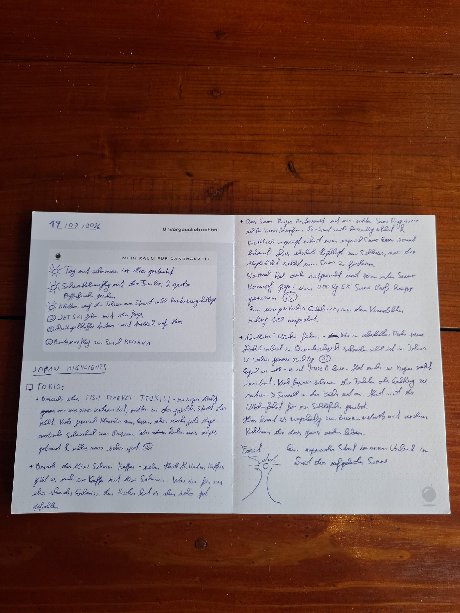 Kundenfoto: Little Big Moments Bullet Journal A5 als Reisetagebuch – handgeschriebene Japan-Highlights und Raum für Dankbarkeit auf einer Doppelseite