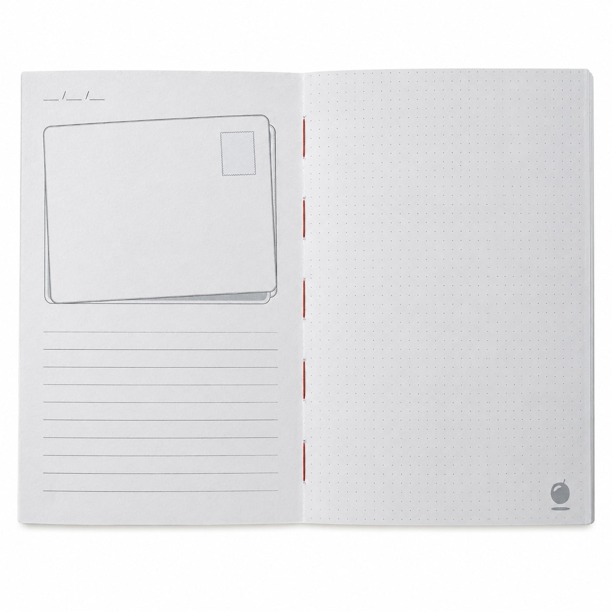 Postcards to Myself Lifejournal A5 aufgeschlagen – linke Postkarten-Seite zum Gestalten, rechte Seite fein gepunktet
